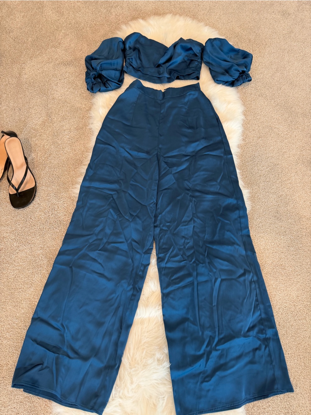 Blue Wide-Leg Satin Pants set